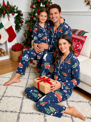 Matching Family Christmas Pajamas - Navy Blue Holiday Car & Snowman Print Button-Down PJs