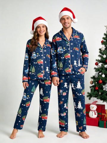 Matching Couple Christmas Pajamas - Navy Blue Holiday Car & Snowman Print Button-Down PJs