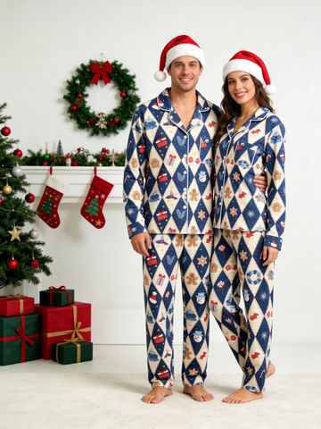 Matching Couple Christmas Pajamas - Blue Diamond Print Gingerbread Man & Gift Button-Down Set
