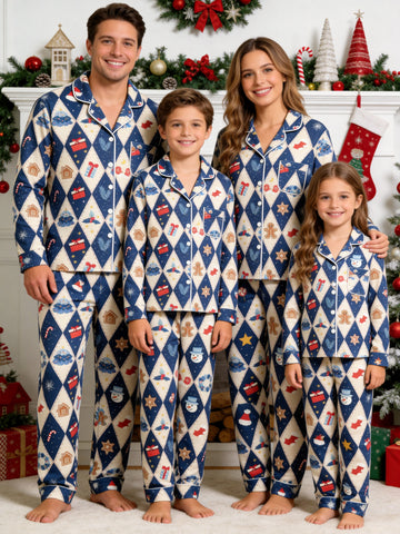 Matching Family Christmas Pajamas - Blue Diamond Print Gingerbread Man & Gift Button-Down Set