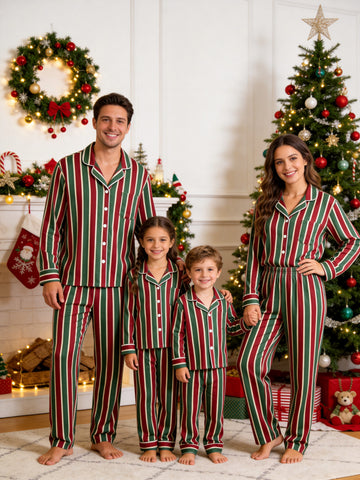 Matching Family Christmas Pajamas - Red & Green Vertical Striped Button-Down Sleep Set