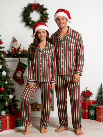 Matching Couple Christmas Pajamas - Red & Green Vertical Striped Button-Down Sleep Set