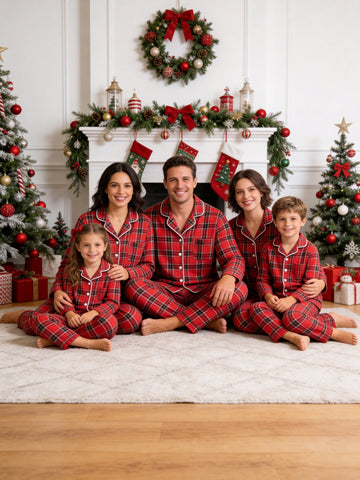 Matching Family Christmas Pajamas - Red & Black Tartan Plaid Button-Down Sleep Set