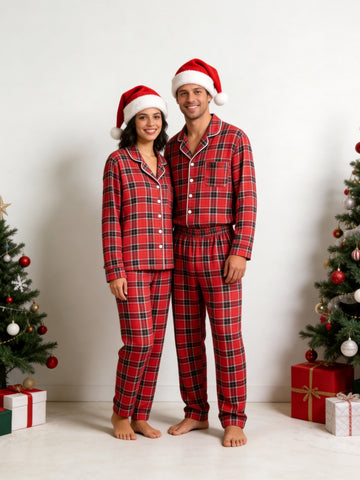 Matching Couple Christmas Pajamas - Red & Black Tartan Plaid Button-Down Sleep Set