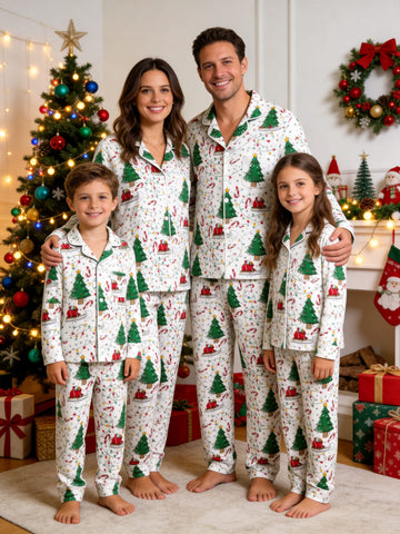 Matching Family Christmas Pajamas - White Christmas Tree & Santa Sleigh Print Sleep Set