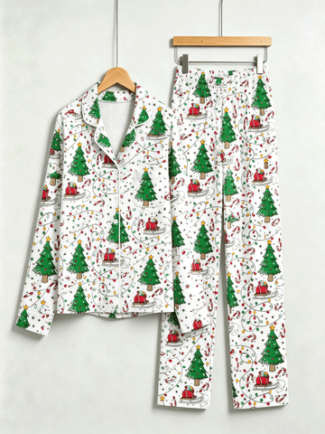 Matching Couple Christmas Pajamas - White Christmas Tree & Santa Sleigh Print Sleep Set
