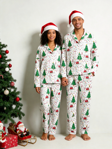 Matching Couple Christmas Pajamas - White Christmas Tree & Santa Sleigh Print Sleep Set