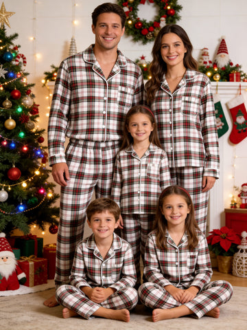 Matching Family Christmas Pajamas - Red, Green & White Tartan Plaid Button-Down Set