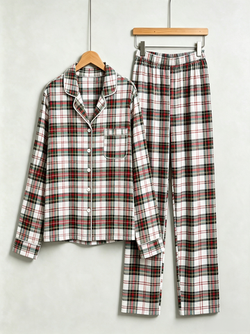 Matching Couple Christmas Pajamas - Red, Green & White Tartan Plaid Button-Down Set