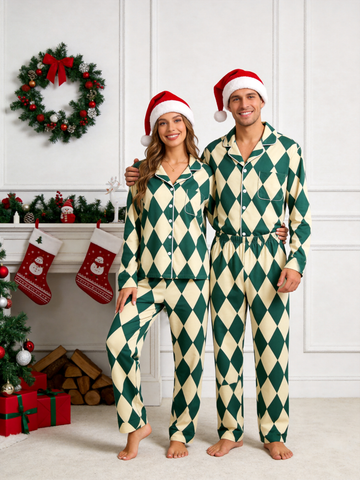 Matching Couple Christmas Pajamas - Dark Green & Beige Argyle Diamond Plaid Sleep Set