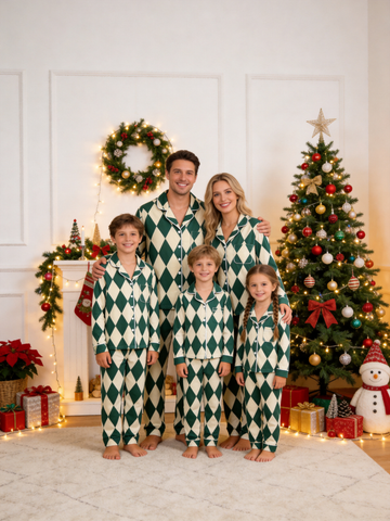 Matching Family Christmas Pajamas - Dark Green & Beige Argyle Diamond Plaid Sleep Set