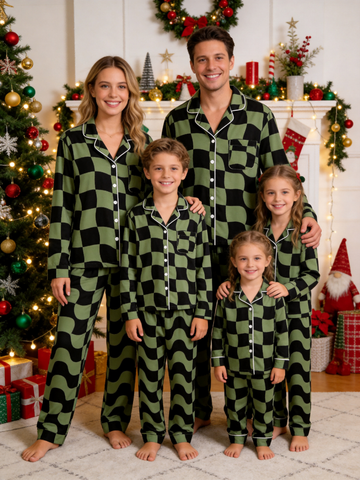 Matching Family Pajamas - Black & Sage Green Wavy Checkerboard Button-Down Sleep Set