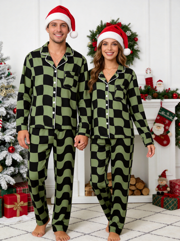 Matching Couple Pajamas - Black & Sage Green Wavy Checkerboard Button-Down Sleep Set