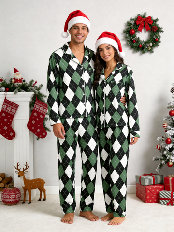 Matching Couple Christmas Pajamas - Black, Green & White Argyle Diamond Plaid Set