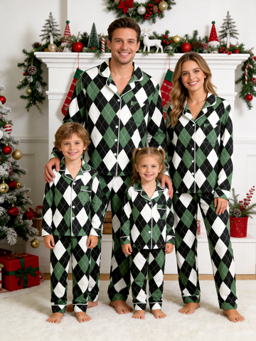 Matching Family Christmas Pajamas - Black, Green & White Argyle Diamond Plaid Set