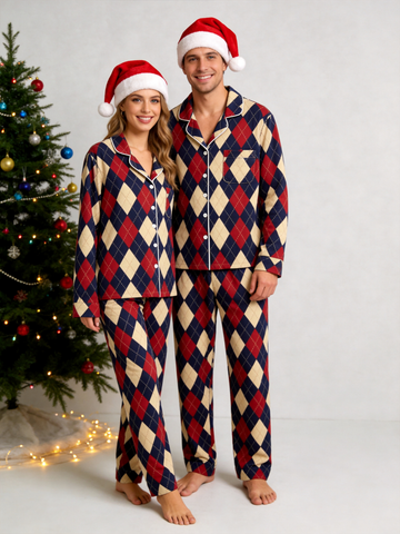 Matching Couple Pajamas - Red, Navy Blue & Beige Argyle Diamond Plaid Sleep Set