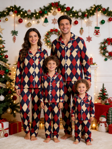 Matching Family Pajamas - Red, Navy Blue & Beige Argyle Diamond Plaid Sleep Set