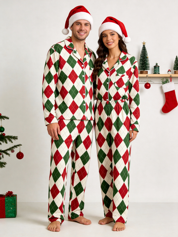 Matching Couple Christmas Pajamas - Red, Green & White Argyle Diamond Plaid Sleep Set