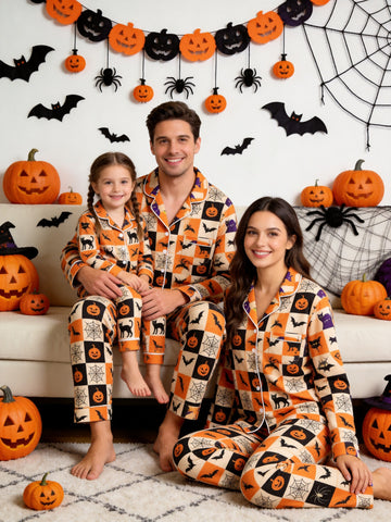 Matching Family Halloween Pajamas - Orange & Black Checkered Pumpkin & Bat Button-Down Sleep Set