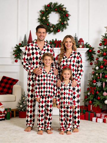 Matching Family Christmas Pajamas - Red, Black & Beige Argyle Diamond Plaid Set