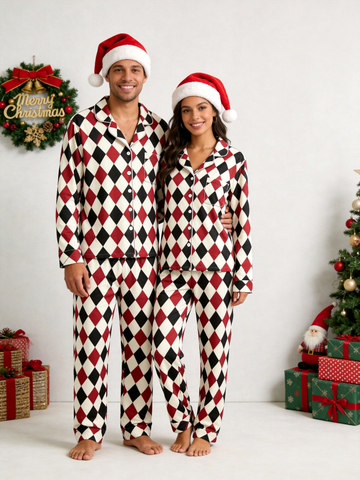 Matching Couple Christmas Pajamas - Red, Black & Beige Argyle Diamond Plaid Set