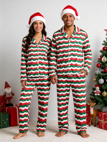 Matching Couple Pajamas - Red & Green Wavy Stripe Starry Night Button up Pajamas
