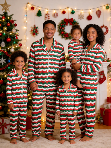 Matching Family Pajamas - Red & Green Wavy Stripe Starry Night Button up Pajamas
