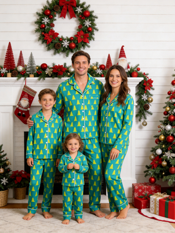 Matching Family Pajamas - Teal Blue Neon Yellow Christmas Tree Print Button up Pajamas