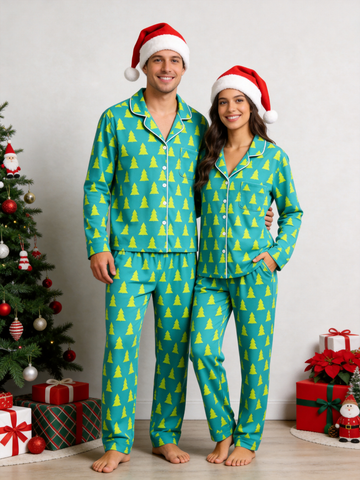 Matching Couple Pajamas - Teal Blue Neon Yellow Christmas Tree Print Button up Pajamas