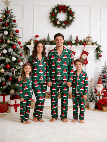 Matching Family Pajamas - Green & Red Santa Hat Geometric Print Button up Pajamas