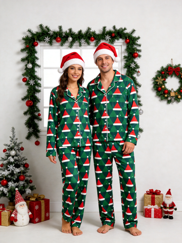 Matching Couple Pajamas - Green & Red Santa Hat Geometric Print Button up Pajamas