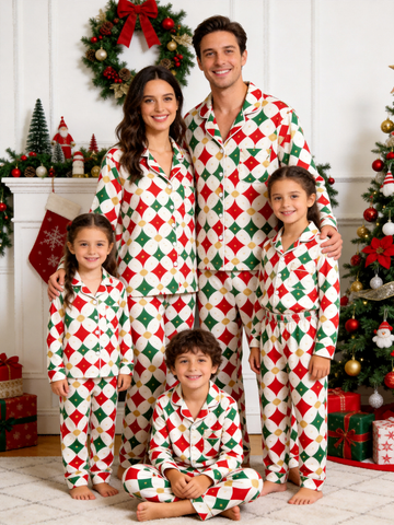 Matching Family Pajamas - Off-White Red Green Gold-Dotted Geometric Diamond Button up Pajamas