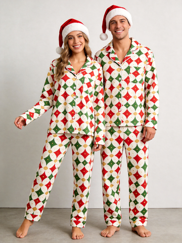 Matching Couple Pajamas - Off-White Red Green Gold-Dotted Geometric Diamond Button up Pajamas