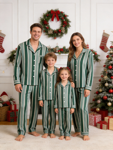 Matching Family Pajamas - Emerald Green & Cream White Bold Striped Button up Pajamas