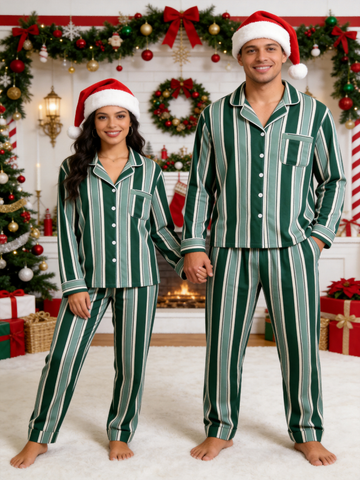 Matching Couple Pajamas - Emerald Green & Cream White Bold Striped Button up Pajamas