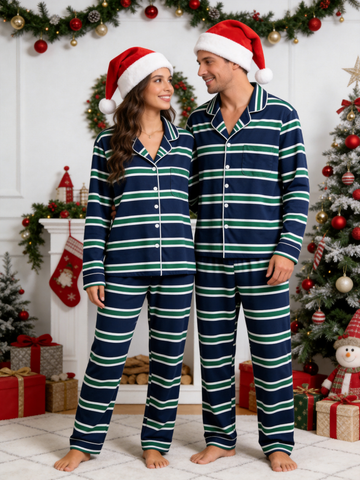 Matching Couple Pajamas - Navy Blue Green & White Horizontal Striped Button up Pajamas