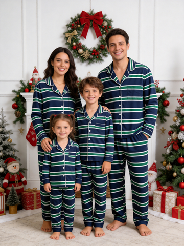 Matching Family Pajamas - Navy Blue Green & White Horizontal Striped Button up Pajamas