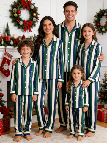 Matching Family Pajamas - Navy Blue Forest Green Cream Striped Gold Line Button up Pajamas