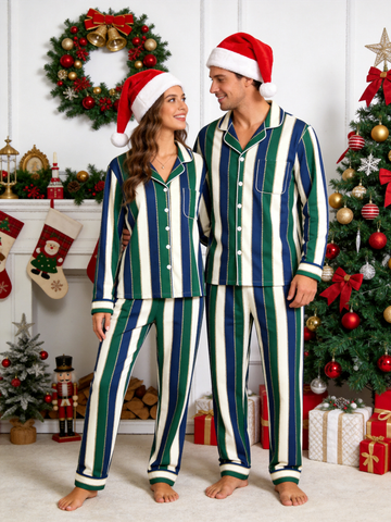Matching Couple Pajamas - Navy Blue Forest Green Cream Striped Gold Line Button up Pajamas