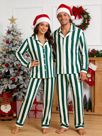 Matching Couple Pajamas - Dark Green & Off-White Wide Vertical Striped Button up Pajamas