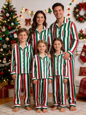 Matching Family Pajamas - Red White & Green Tri-Color Striped Button up Pajamas Set