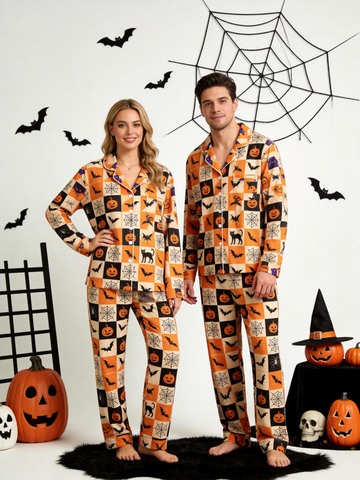 Matching Couple Halloween Pajamas - Orange & Black Checkered Pumpkin & Bat Button-Down Sleep Set
