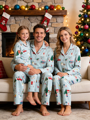 Matching Family Christmas Pajamas - Sage Green Winter Town & Skiing Print Button-Down PJs