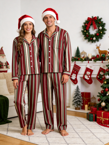 Matching Couple Pajamas - Burgundy Forest Green Cream Vintage Striped Button up Pajamas