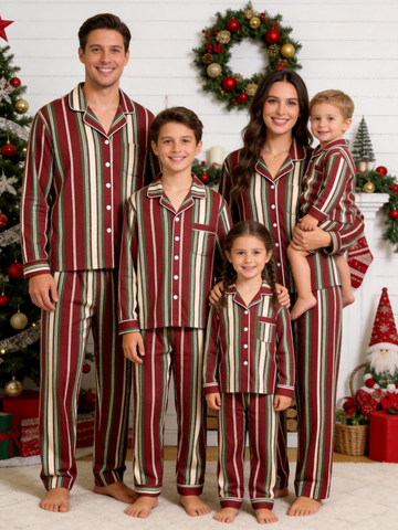 Matching Family Pajamas - Burgundy Forest Green Cream Vintage Striped Button up Pajamas