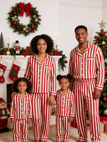Matching Family Pajamas - Red & White Bold Vertical Striped Button up Pajamas