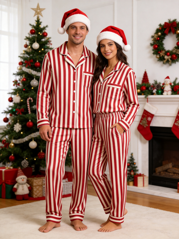 Matching Couple Pajamas - Red & White Bold Vertical Striped Button up Pajamas
