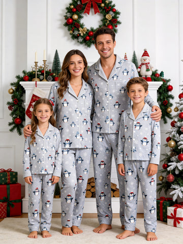 Matching Family Pajamas - Light Grey Winter Penguin & Snowflake Print Button up Pajamas