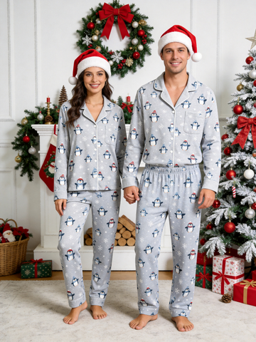 Matching Couple Pajamas - Light Grey Winter Penguin & Snowflake Print Button up Pajamas