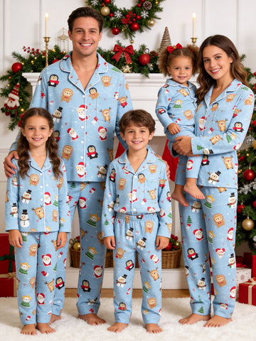 Matching Family Pajamas - Light Blue Christmas Santa & Reindeer Cartoon Print Button up Pajamas